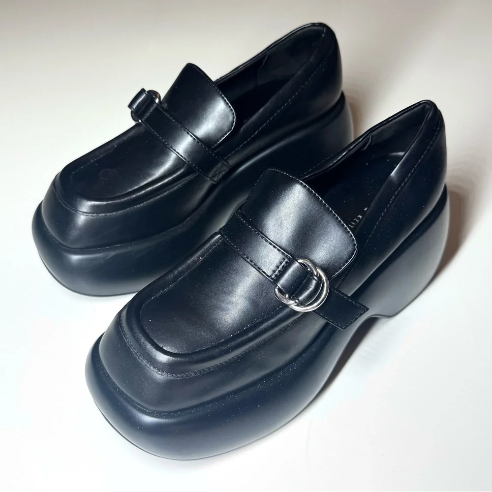 CHARLES & KEITH Women’s Buckled Black Platform Penny Loafers Shoes Size- 38